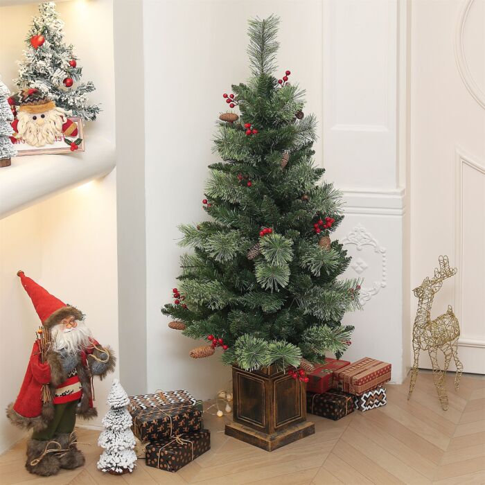 Homcom 1.2m/4ft Artificial Christmas Tree With 100 Warm White Led Lights And 8 Modes, Small Xmas Tree With Red Berries, Pine Cones And Retro Base, Green