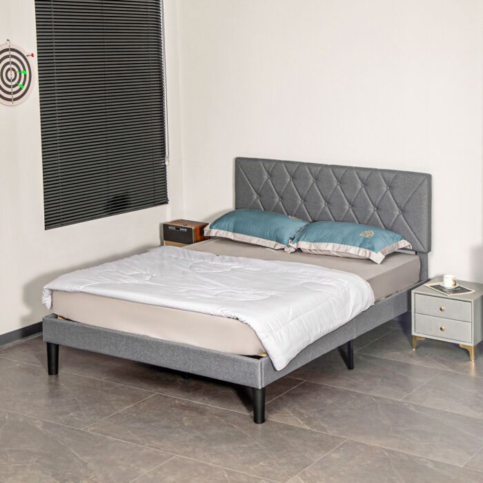 Homcom Double Bed Frame With 5-level Adjustable Linen Upholstered Headboard, Wooden Slats Mattress Foundation, No Box Spring Needed, Grey