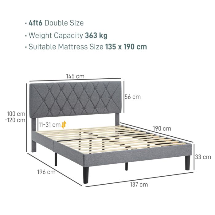 Homcom Double Bed Frame With 5-level Adjustable Linen Upholstered Headboard, Wooden Slats Mattress Foundation, No Box Spring Needed, Grey