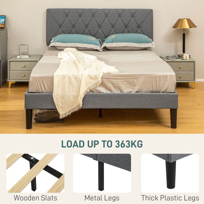 Homcom Double Bed Frame With 5-level Adjustable Linen Upholstered Headboard, Wooden Slats Mattress Foundation, No Box Spring Needed, Grey