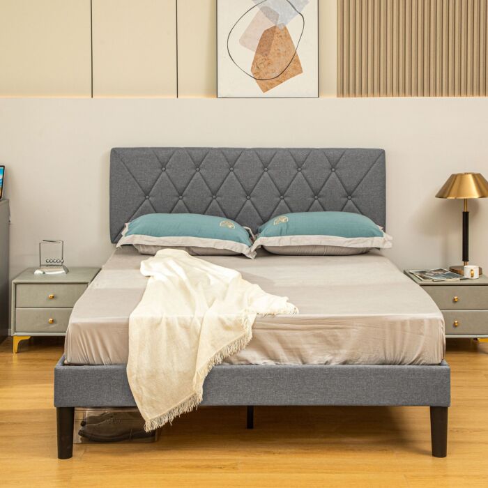 Homcom Double Bed Frame With 5-level Adjustable Linen Upholstered Headboard, Wooden Slats Mattress Foundation, No Box Spring Needed, Grey