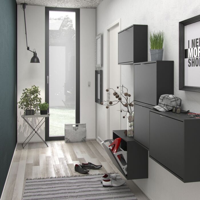 Shoes Shoe Cabinet W. 2 Tilting Doors And 1 Layer In Matt Black