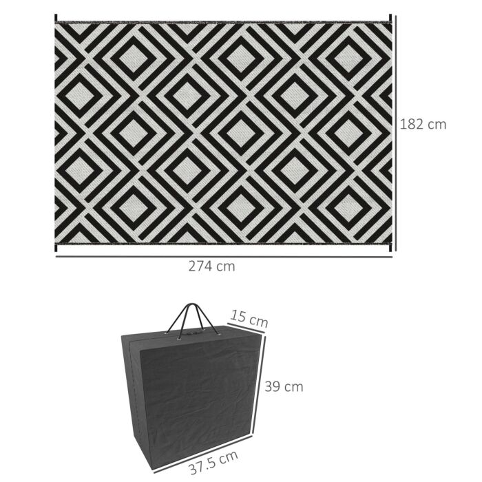 Outsunny Reversible Outdoor Rug, Plastic Straw Mat W/ Carry Bag Ground Stakes For Garden Rv Picnic Beach Camping 182x274cm Black