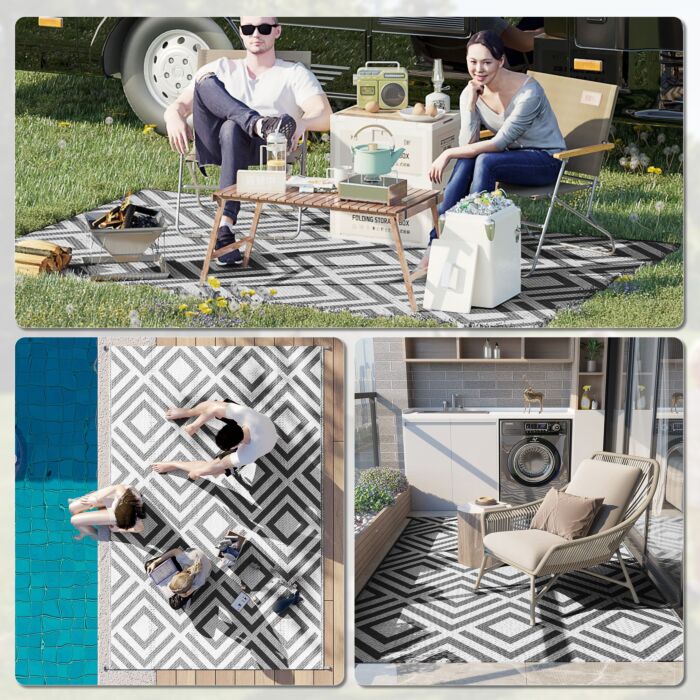 Outsunny Reversible Outdoor Rug, Plastic Straw Mat W/ Carry Bag Ground Stakes For Garden Rv Picnic Beach Camping 182x274cm Black