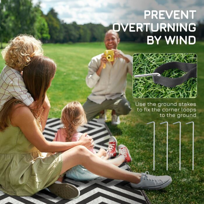 Outsunny Reversible Outdoor Rug, Plastic Straw Mat W/ Carry Bag Ground Stakes For Garden Rv Picnic Beach Camping 182x274cm Black
