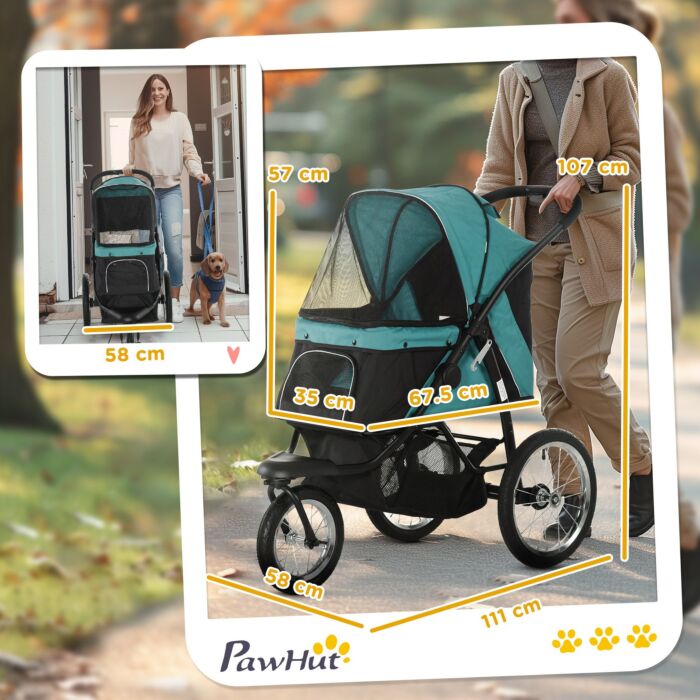 Pawhut Pet Stroller Jogger For Medium, Small Dogs, Foldable Cat Pram Dog Pushchair W/ Adjustable Canopy, 3 Big Wheels - Dark Green