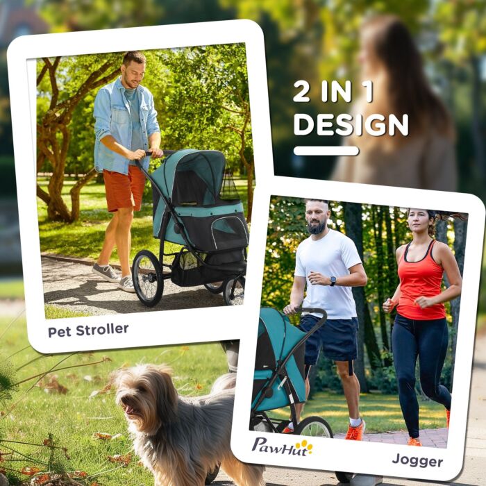 Pawhut Pet Stroller Jogger For Medium, Small Dogs, Foldable Cat Pram Dog Pushchair W/ Adjustable Canopy, 3 Big Wheels - Dark Green