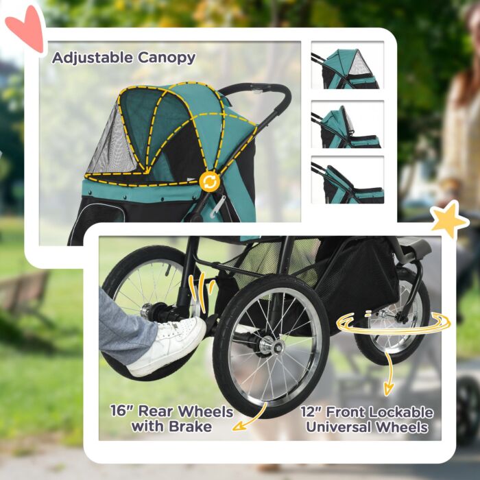 Pawhut Pet Stroller Jogger For Medium, Small Dogs, Foldable Cat Pram Dog Pushchair W/ Adjustable Canopy, 3 Big Wheels - Dark Green