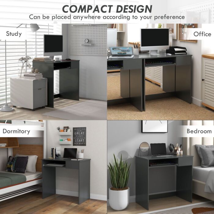 Homcom Compact Computer Desk With Keyboard Tray And Drawer, Study Desk, Writing Desk For Home Office, Grey