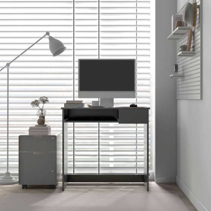 Homcom Compact Computer Desk With Keyboard Tray And Drawer, Study Desk, Writing Desk For Home Office, Grey