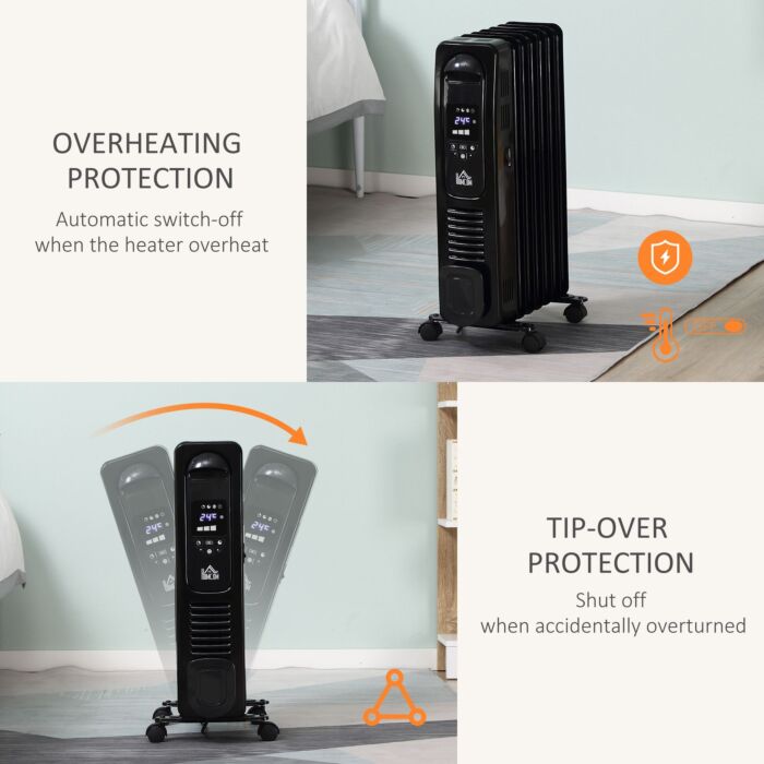 Homcom 1630w Digital Oil Filled Radiator, 7 Fin, Portable Electric Heater With Led Display, Built-in Timer, 3 Heat Settings, Remote Control, Black
