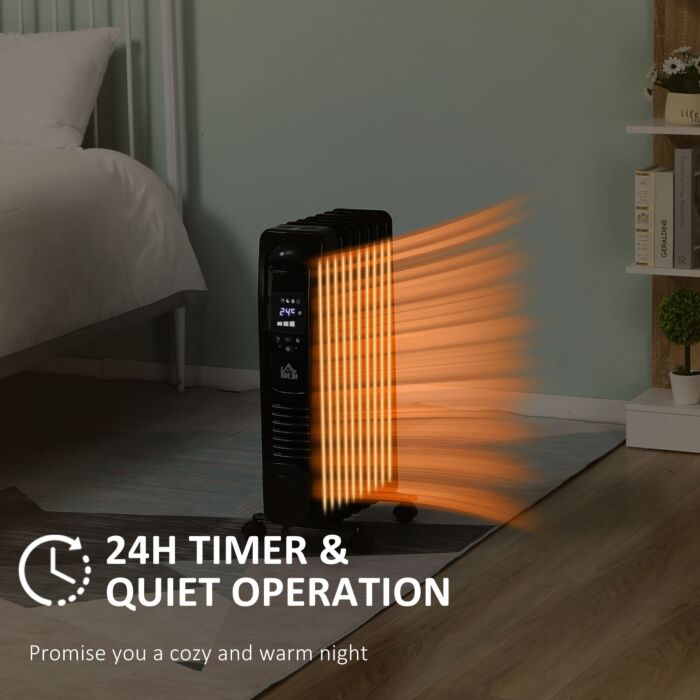 Homcom 1630w Digital Oil Filled Radiator, 7 Fin, Portable Electric Heater With Led Display, Built-in Timer, 3 Heat Settings, Remote Control, Black