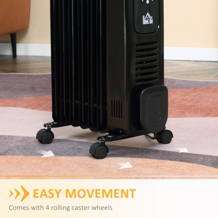 Homcom 1630w Digital Oil Filled Radiator, 7 Fin, Portable Electric Heater With Led Display, Built-in Timer, 3 Heat Settings, Remote Control, Black