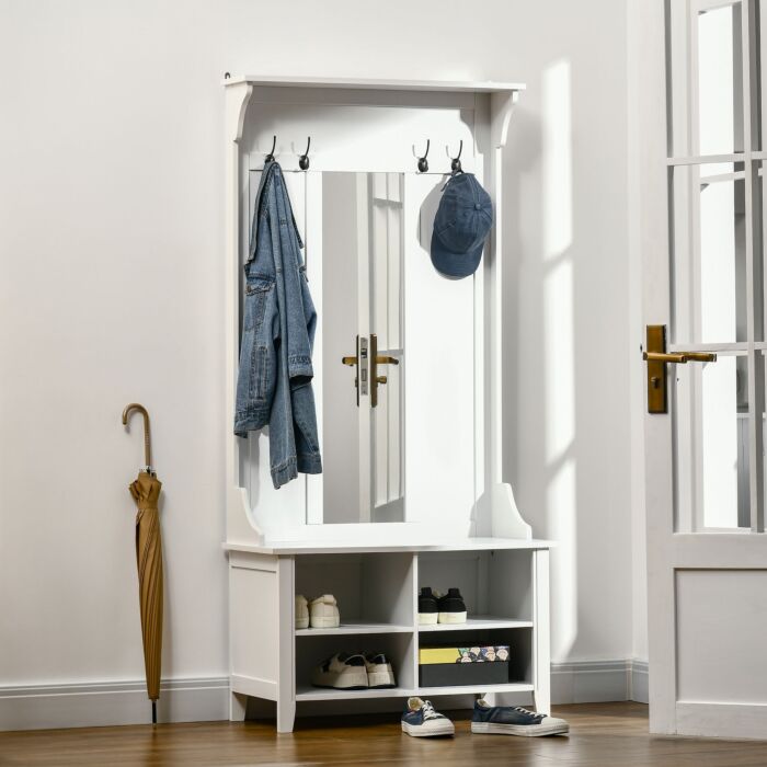 Homcom Hallway Furniture Set Shoe Bench Storage Mirror Cabinet Coat Rack Multiple Cubes Hangers Organiser Shelves W/ 4 Hooks