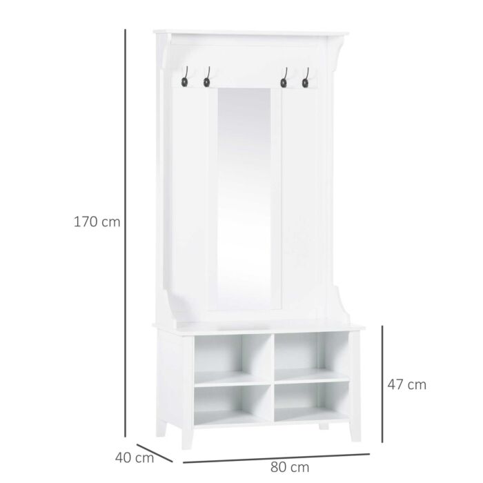 Homcom Hallway Furniture Set Shoe Bench Storage Mirror Cabinet Coat Rack Multiple Cubes Hangers Organiser Shelves W/ 4 Hooks