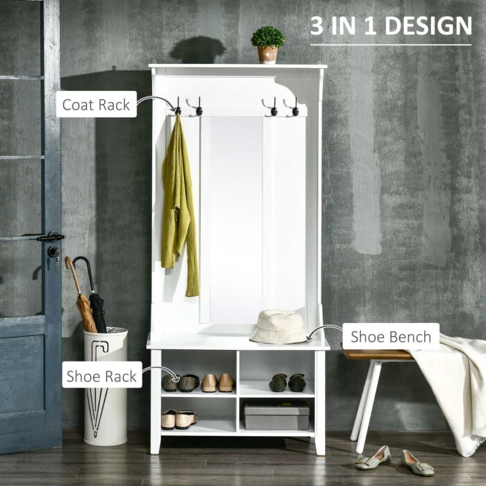 Homcom Hallway Furniture Set Shoe Bench Storage Mirror Cabinet Coat Rack Multiple Cubes Hangers Organiser Shelves W/ 4 Hooks
