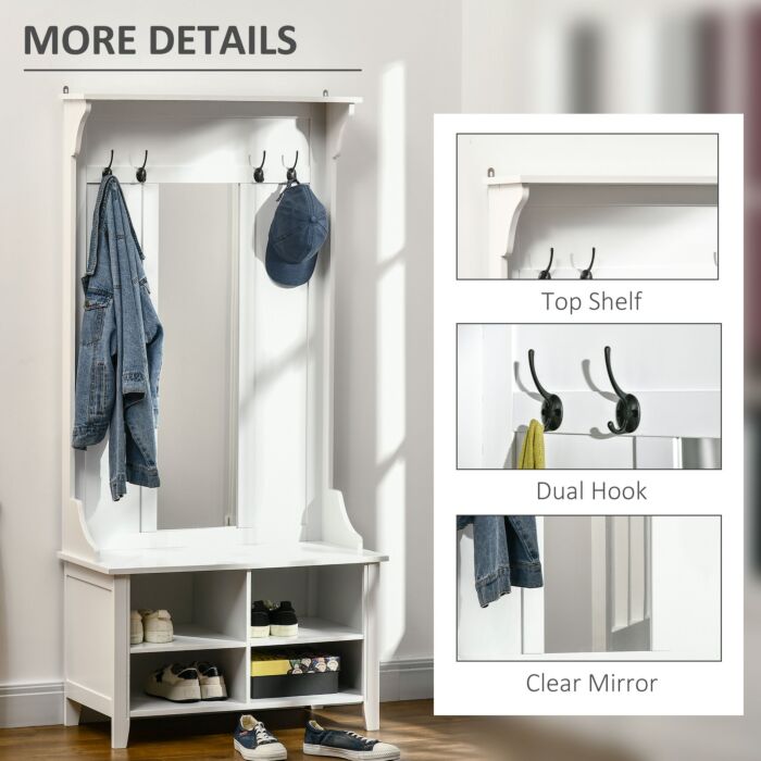 Homcom Hallway Furniture Set Shoe Bench Storage Mirror Cabinet Coat Rack Multiple Cubes Hangers Organiser Shelves W/ 4 Hooks