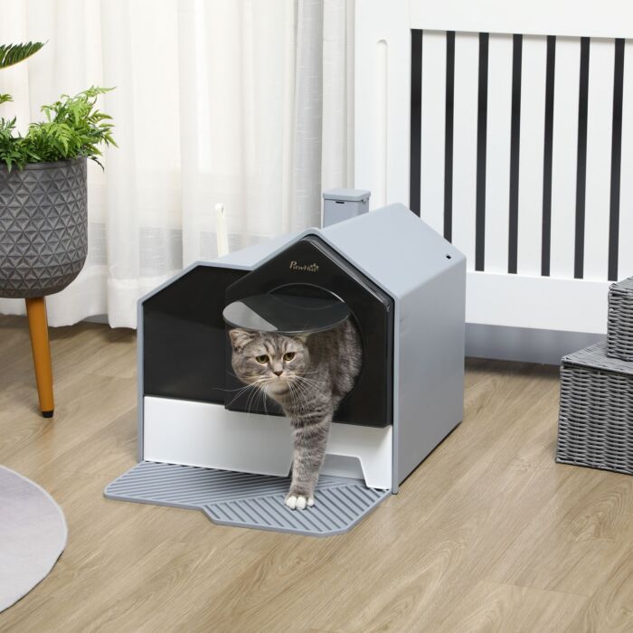 Pawhut Hooded Cat Litter Tray With Scoop, Cat Litter Box With Drawer Pan, Handle, Deodorants, Hut Design, Front Entrance, 47 X 45 X 42 Cm, Grey