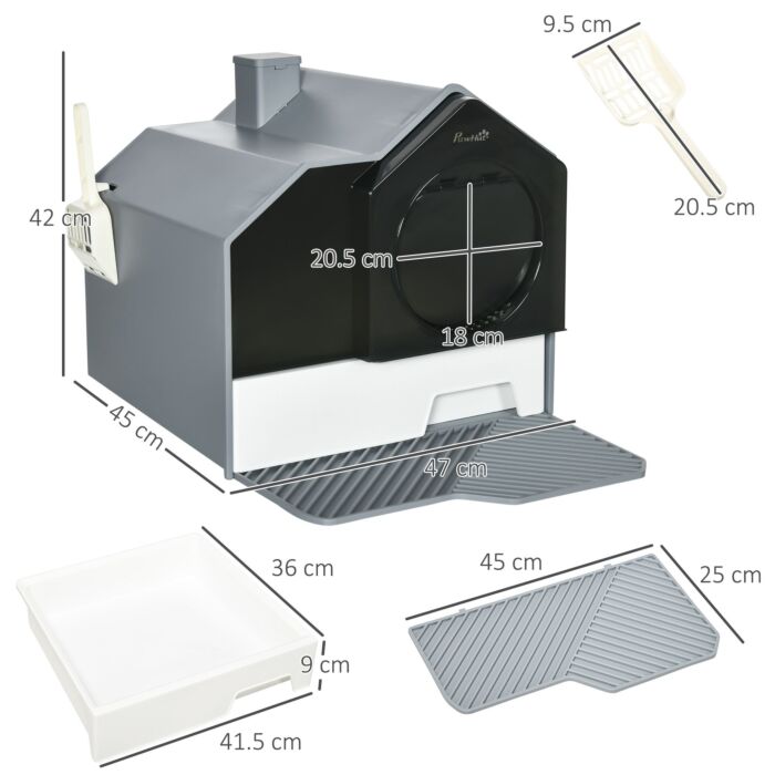 Pawhut Hooded Cat Litter Tray With Scoop, Cat Litter Box With Drawer Pan, Handle, Deodorants, Hut Design, Front Entrance, 47 X 45 X 42 Cm, Grey