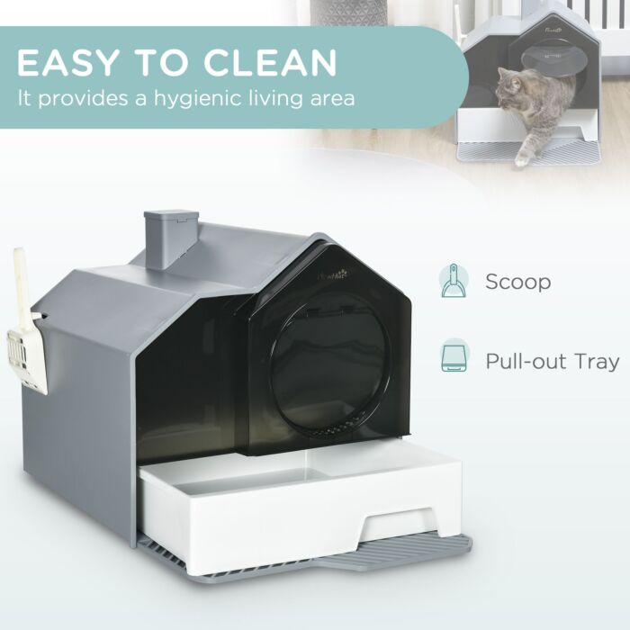 Pawhut Hooded Cat Litter Tray With Scoop, Cat Litter Box With Drawer Pan, Handle, Deodorants, Hut Design, Front Entrance, 47 X 45 X 42 Cm, Grey