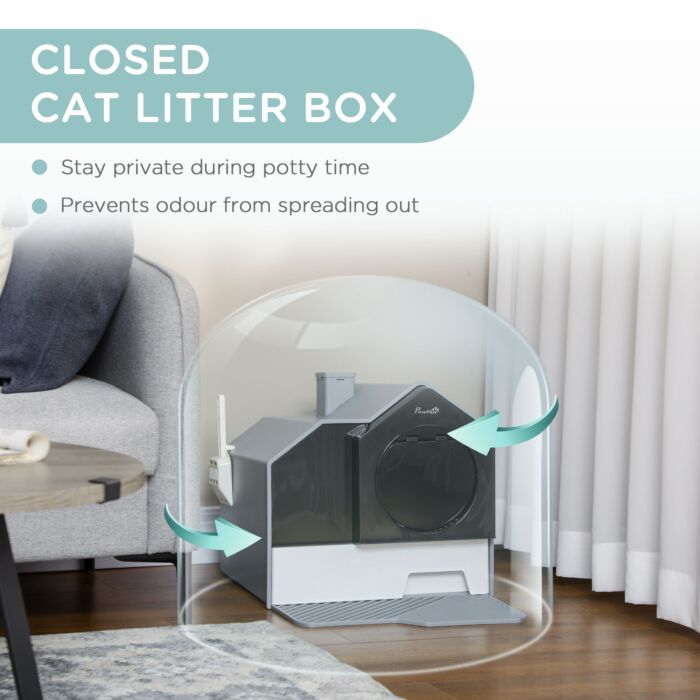 Pawhut Hooded Cat Litter Tray With Scoop, Cat Litter Box With Drawer Pan, Handle, Deodorants, Hut Design, Front Entrance, 47 X 45 X 42 Cm, Grey