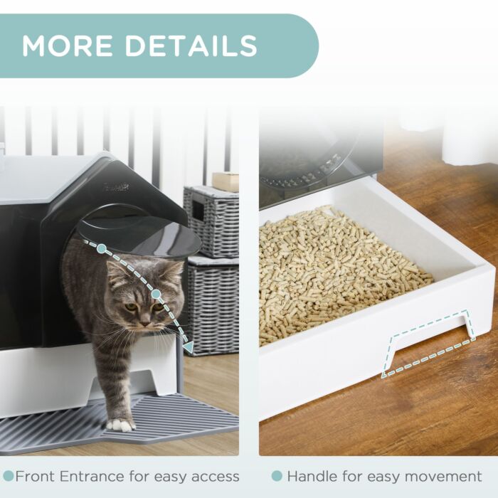 Pawhut Hooded Cat Litter Tray With Scoop, Cat Litter Box With Drawer Pan, Handle, Deodorants, Hut Design, Front Entrance, 47 X 45 X 42 Cm, Grey