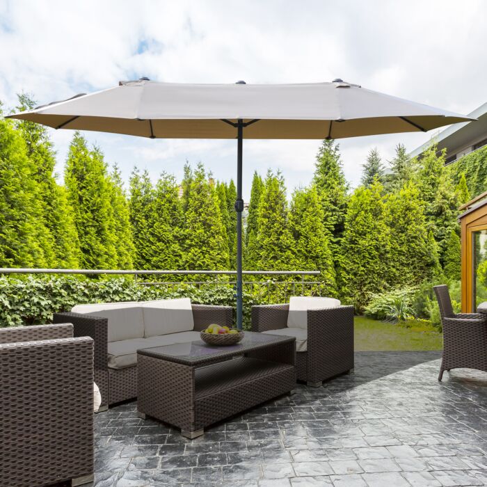 Outsunny 4.6m Garden Parasol Double-sided Sun Umbrella Patio Market Shelter Canopy Shade Outdoor With Cross Base – Khaki