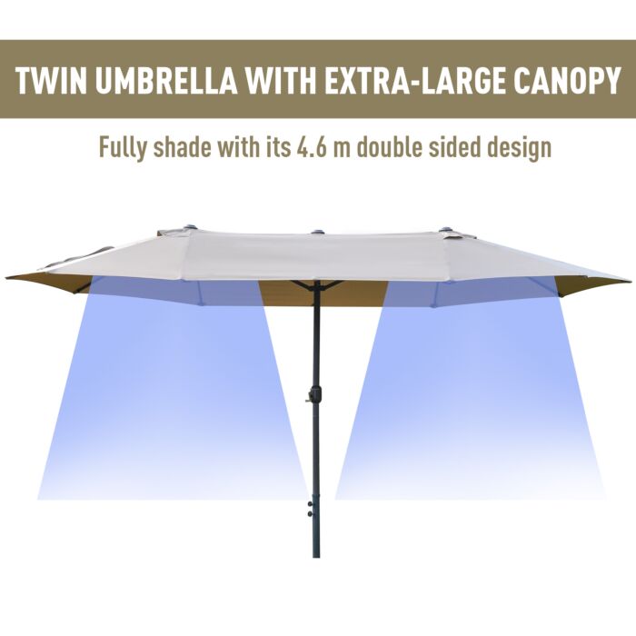 Outsunny 4.6m Garden Parasol Double-sided Sun Umbrella Patio Market Shelter Canopy Shade Outdoor With Cross Base – Khaki