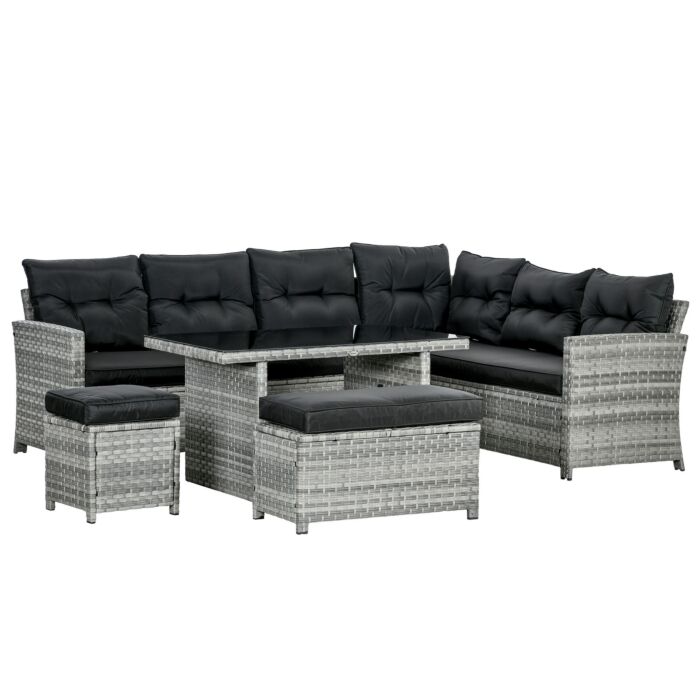 Outsunny 5-piece Rattan Patio Furniture Set With Corner Sofa, Footstools, Glass Coffee Table, Cushions, Mixed Grey
