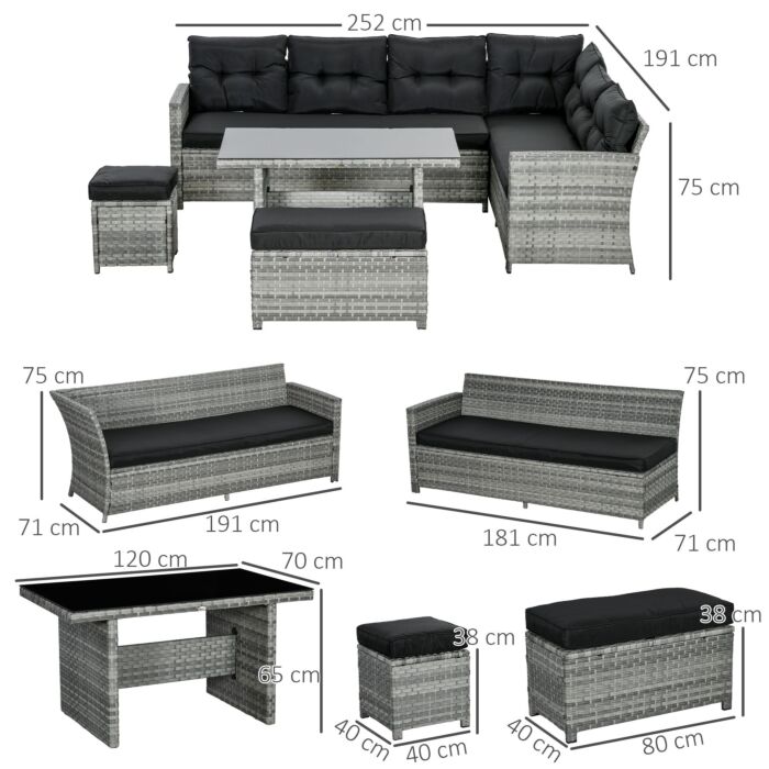 Outsunny 5-piece Rattan Patio Furniture Set With Corner Sofa, Footstools, Glass Coffee Table, Cushions, Mixed Grey