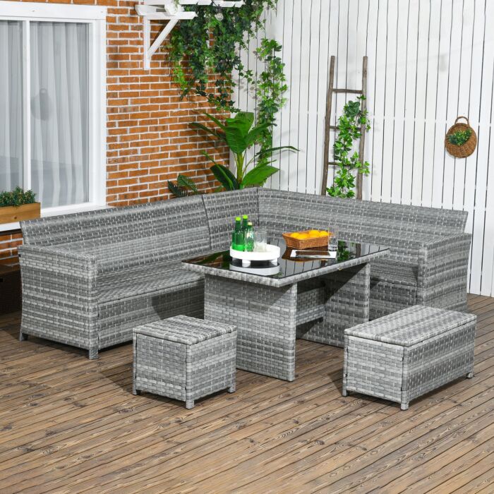 Outsunny 5-piece Rattan Patio Furniture Set With Corner Sofa, Footstools, Glass Coffee Table, Cushions, Mixed Grey