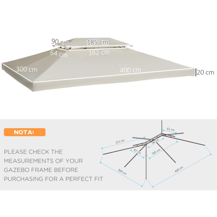 Outsunny 3x4m Gazebo Replacement Roof Canopy 2 Tier Top Uv Cover Garden Patio Outdoor Sun Awning Shelters Cream (top Only)