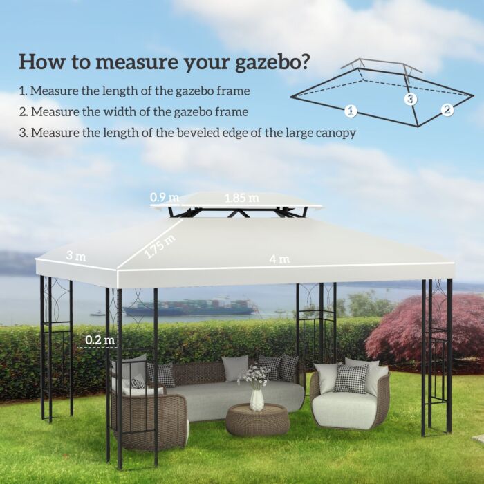 Outsunny 3x4m Gazebo Replacement Roof Canopy 2 Tier Top Uv Cover Garden Patio Outdoor Sun Awning Shelters Cream (top Only)