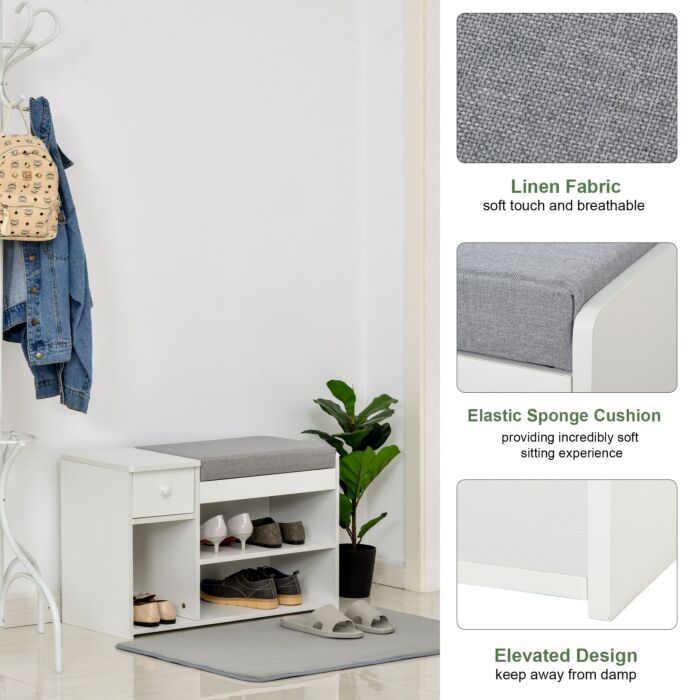 Homcom Multi-storage Shoe Bench W/ Drawer 3 Compartments Cushioned Home Organisation Furniture Tidy Boots Hallway Entryway White