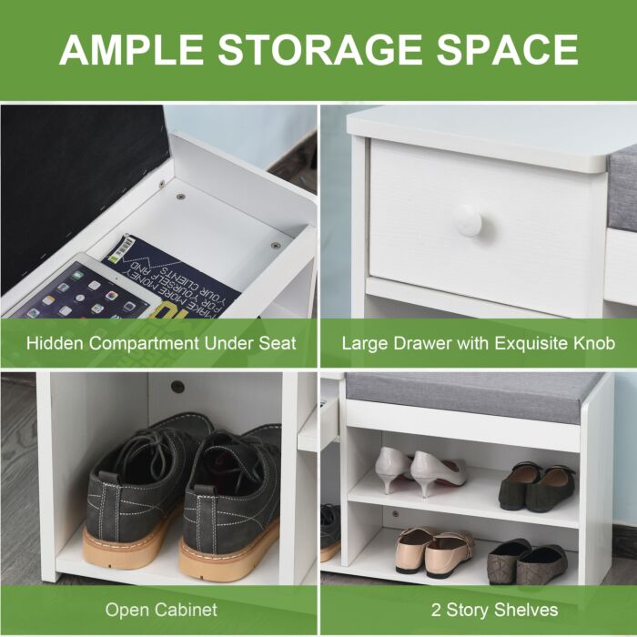 Homcom Multi-storage Shoe Bench W/ Drawer 3 Compartments Cushioned Home Organisation Furniture Tidy Boots Hallway Entryway White