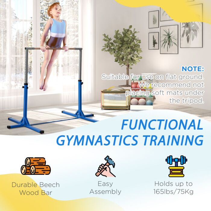 Homcom Height Adjustable Gymnastics Horizontal Bar For Kids Home Gym Training Children Junior Kip High Bar Fitness Blue W/ Steel Frame Wood