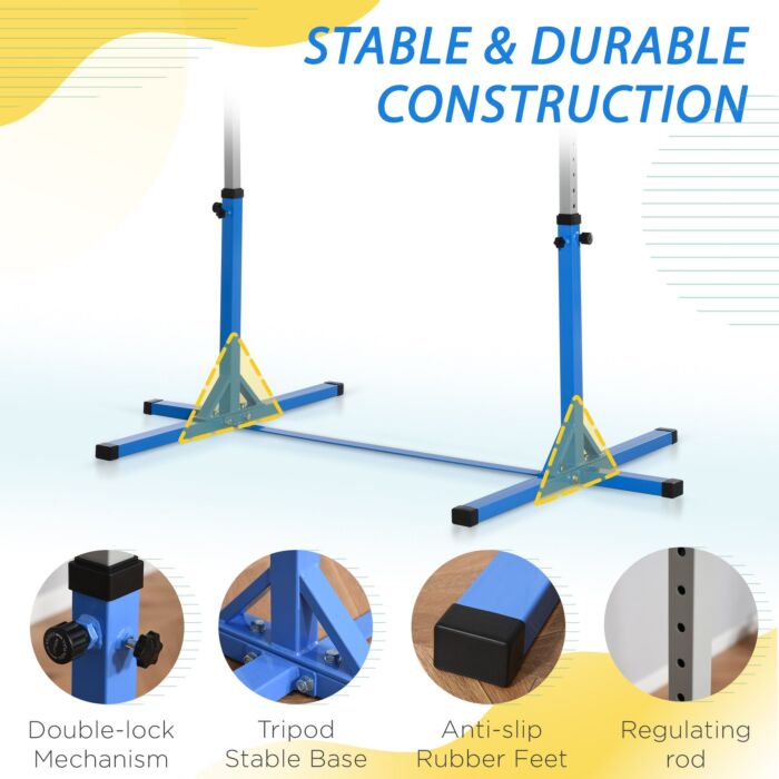 Homcom Height Adjustable Gymnastics Horizontal Bar For Kids Home Gym Training Children Junior Kip High Bar Fitness Blue W/ Steel Frame Wood