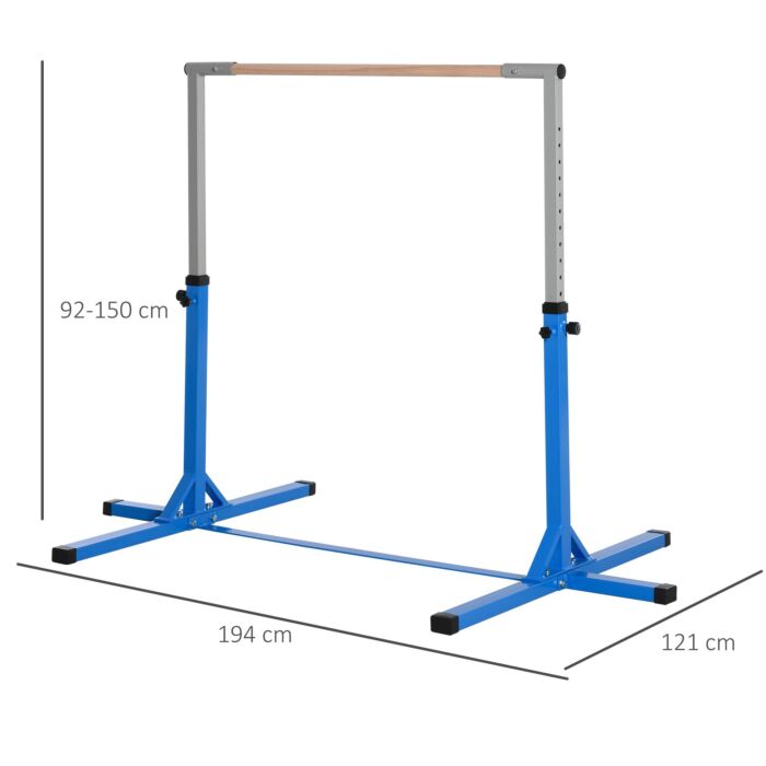 Homcom Height Adjustable Gymnastics Horizontal Bar For Kids Home Gym Training Children Junior Kip High Bar Fitness Blue W/ Steel Frame Wood