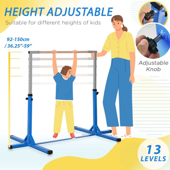 Homcom Height Adjustable Gymnastics Horizontal Bar For Kids Home Gym Training Children Junior Kip High Bar Fitness Blue W/ Steel Frame Wood