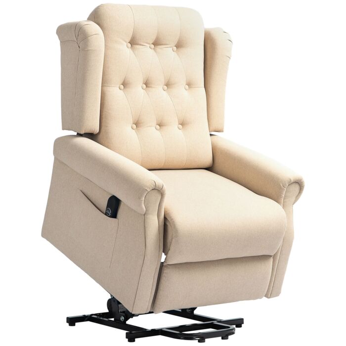 Homcom Power Lift Recliner Chair, Wingback Button Tufted Electric Lift Chair For Elderly, Fabric Riser And Reclining Armchair With Remote Control, Side Pockets, For Living Room, Beige