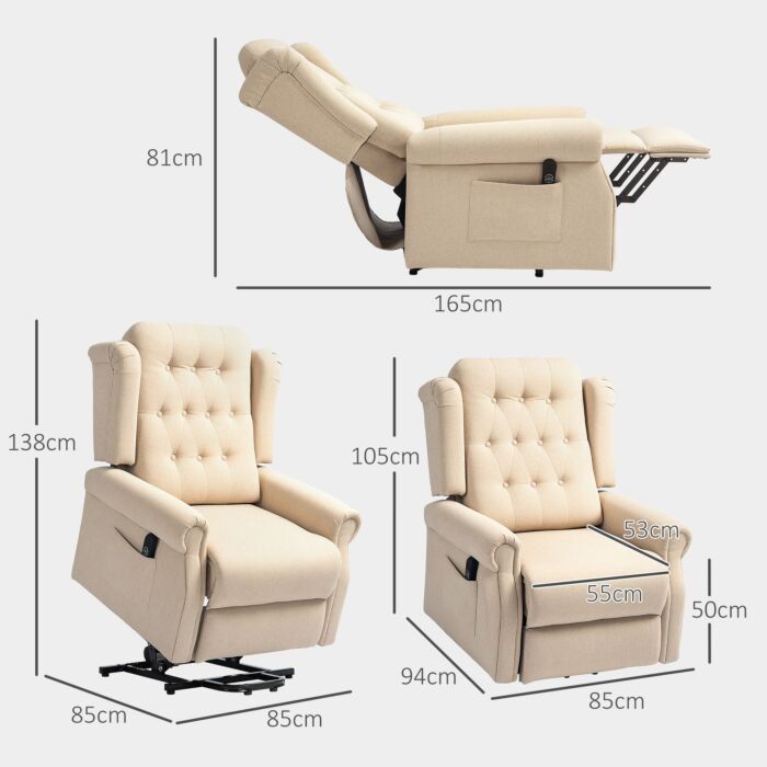 Homcom Power Lift Recliner Chair, Wingback Button Tufted Electric Lift Chair For Elderly, Fabric Riser And Reclining Armchair With Remote Control, Side Pockets, For Living Room, Beige