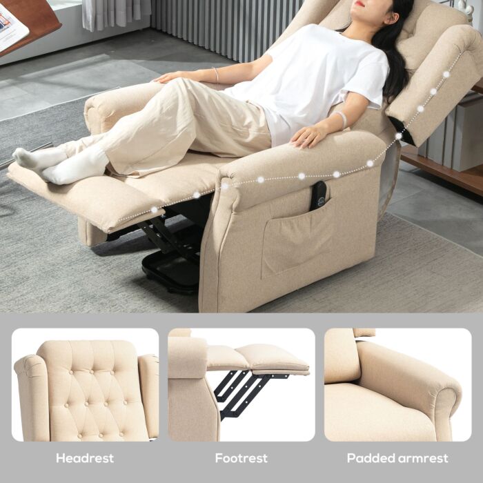 Homcom Power Lift Recliner Chair, Wingback Button Tufted Electric Lift Chair For Elderly, Fabric Riser And Reclining Armchair With Remote Control, Side Pockets, For Living Room, Beige