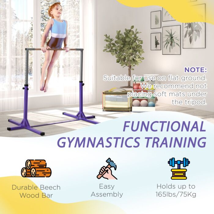 Homcom Steel Frame Adjustable Horizonal Gymnastics Bar For Kids Home Gym Training Children Junior Kip High Bar Fitness Purple