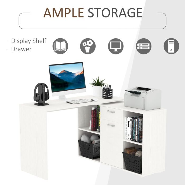 Homcom Modern L-shaped Computer Desk, Laptop Pc Corner Table, Home Office Workstation With Spacious Storage, White