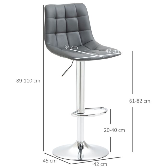 Homcom Bar Stools Set Of 2, Adjustable Breakfast Dining Stools For Kitchen, Modern Counter Barstools With 360° Swivel And Footrest, Grey