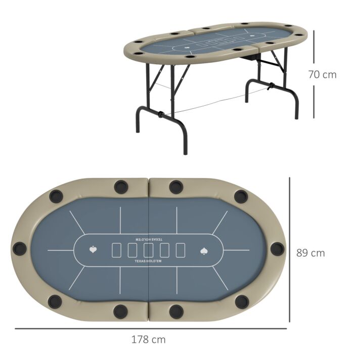 Sportnow 10 Player Folding Poker Table, Oval Portable Blackjack Casino Table With Cup Holders And Felt Top, 178 X 89 X 70cm, Brown And Blue