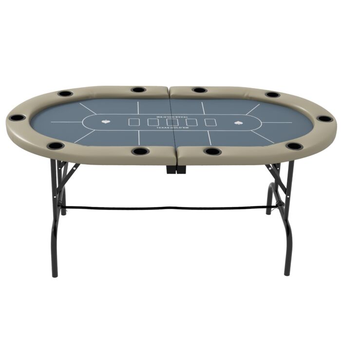 Sportnow 10 Player Folding Poker Table, Oval Portable Blackjack Casino Table With Cup Holders And Felt Top, 178 X 89 X 70cm, Brown And Blue