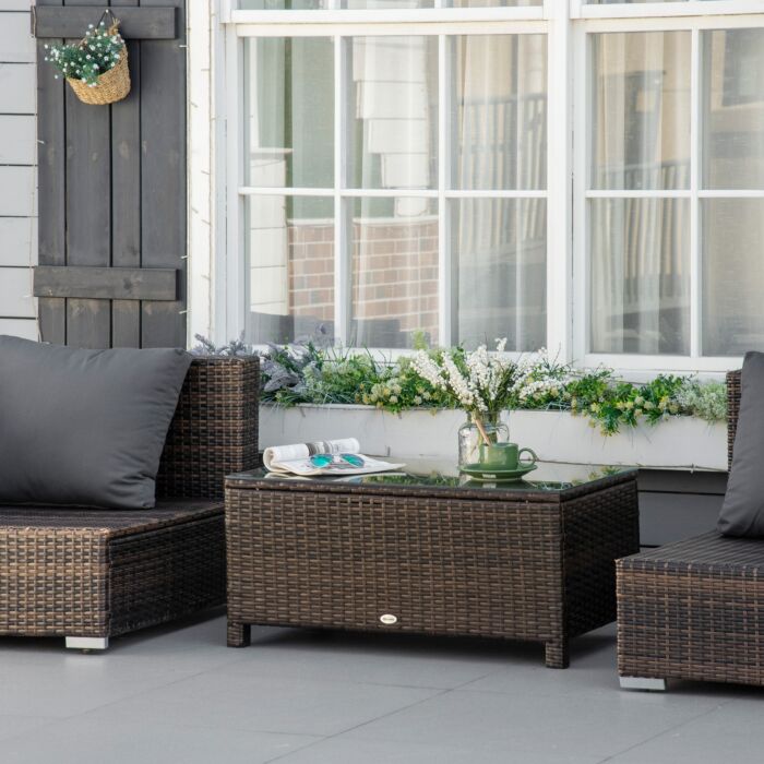 Outsunny Rattan Garden Furniture Coffee Table Patio Tempered Glass (mixed Brown)