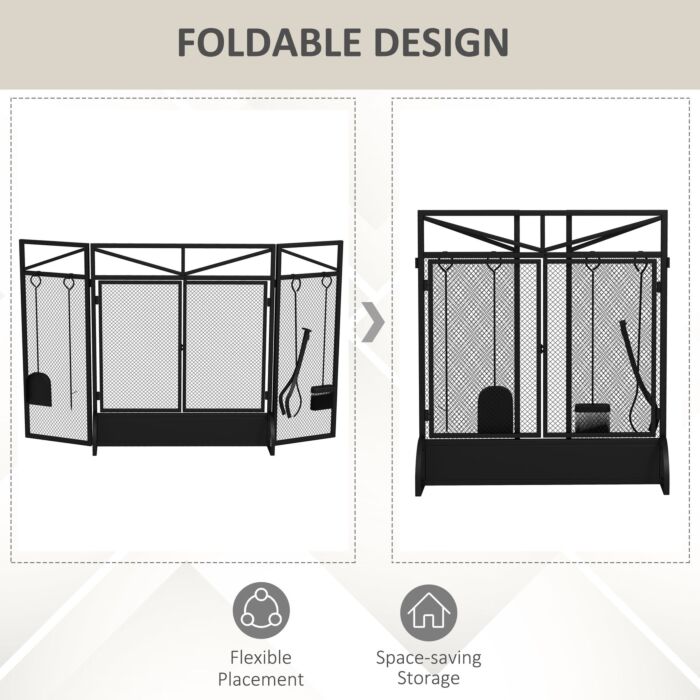 Homcom 3 Panel Folding Fire Guard Screen W/ Fireplace Tool Sets, Front Doors, Freestanding Fire Screen Spark Guard W/ Feet, Black
