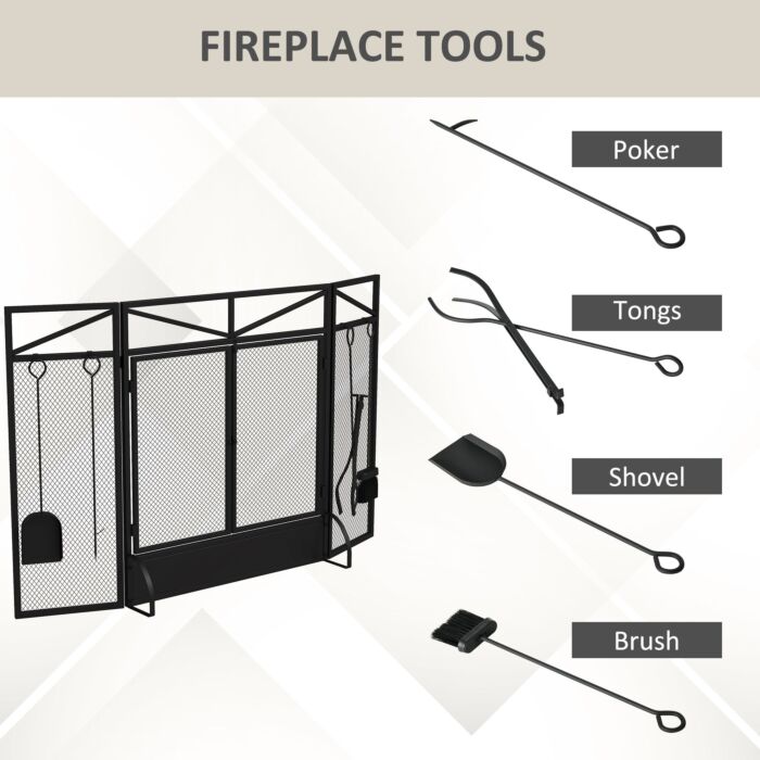 Homcom 3 Panel Folding Fire Guard Screen W/ Fireplace Tool Sets, Front Doors, Freestanding Fire Screen Spark Guard W/ Feet, Black